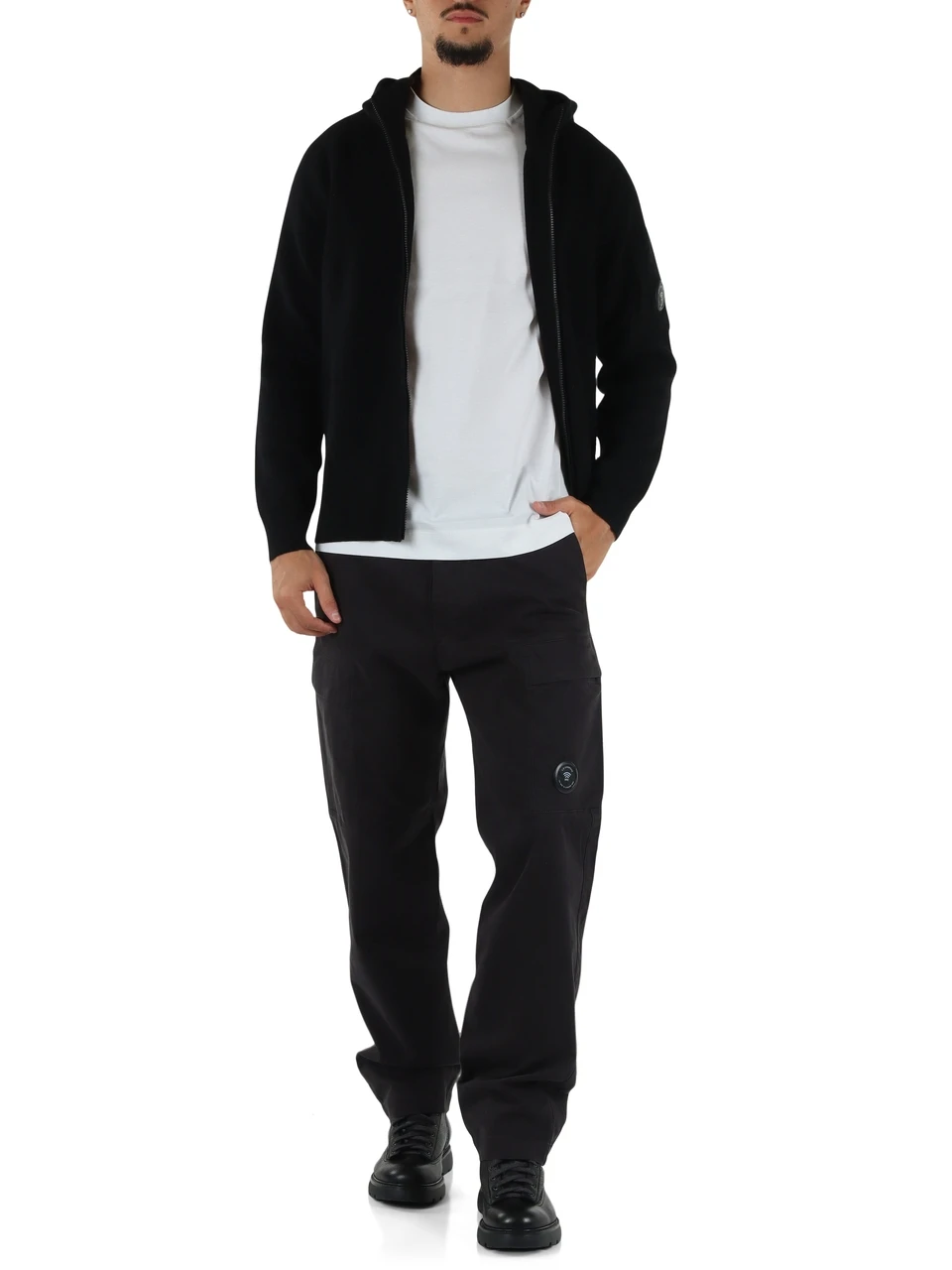 NERO | Cardigan in misto lana con zip e cappuccio