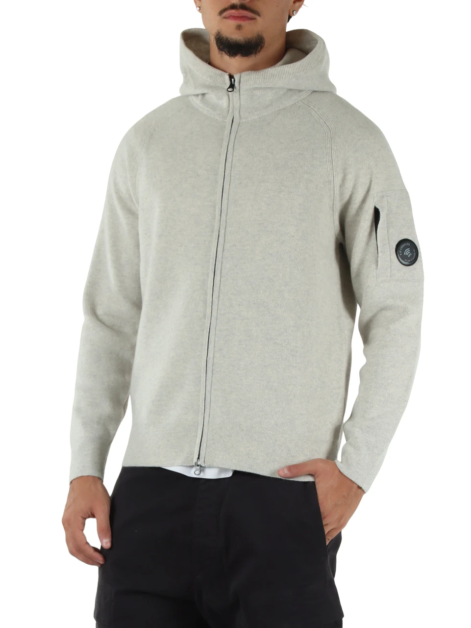 GRIGIO CHIARO | Cardigan in misto lana con zip e cappuccio