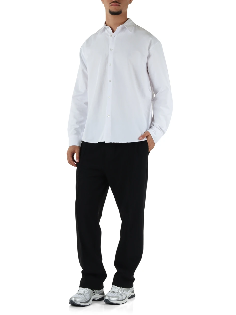 BIANCO | Camicia in misto cotone con ricamo logo sul retro
