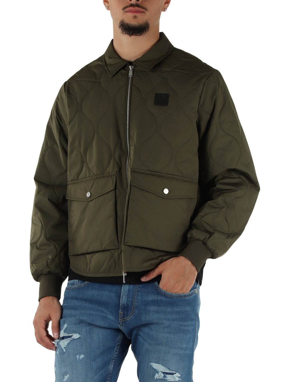VERDE MILITARE | Giacca trapuntata leggera con patch logo