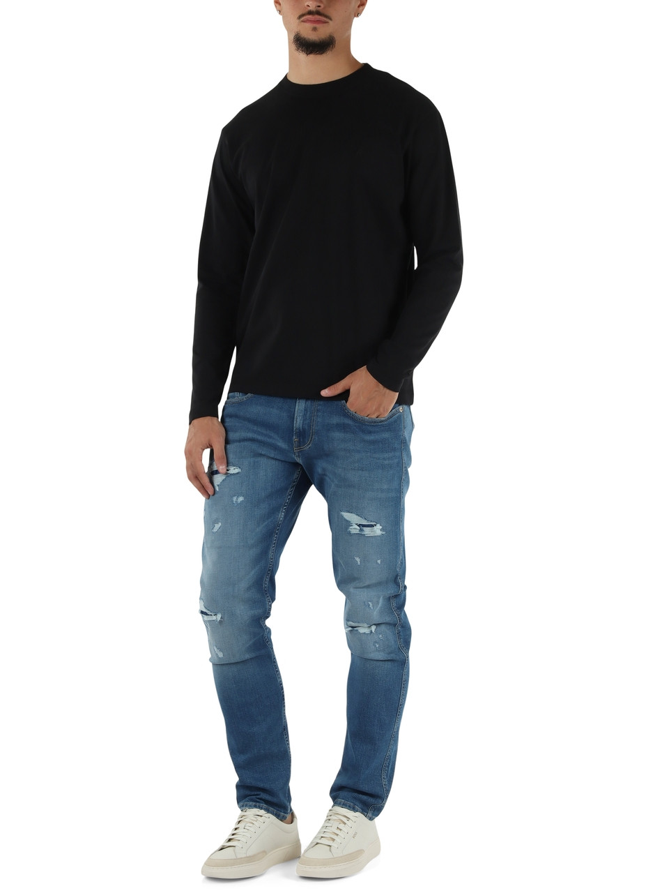 NERO | T-shirt manica lunga in cotone con stampa logo a rilievo