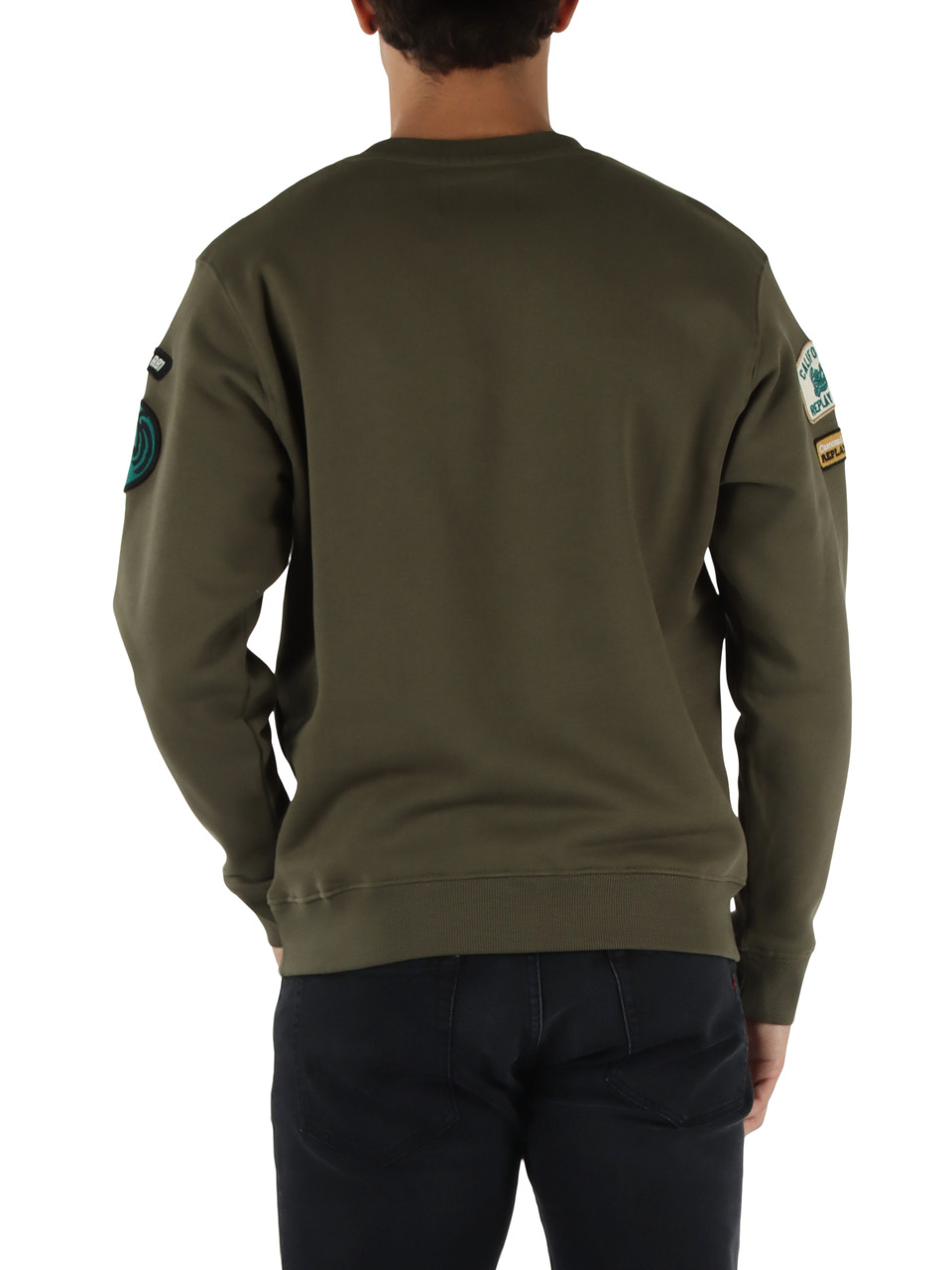 VERDE MILITARE | Felpa girocollo in cotone con applicazioni a contrasto