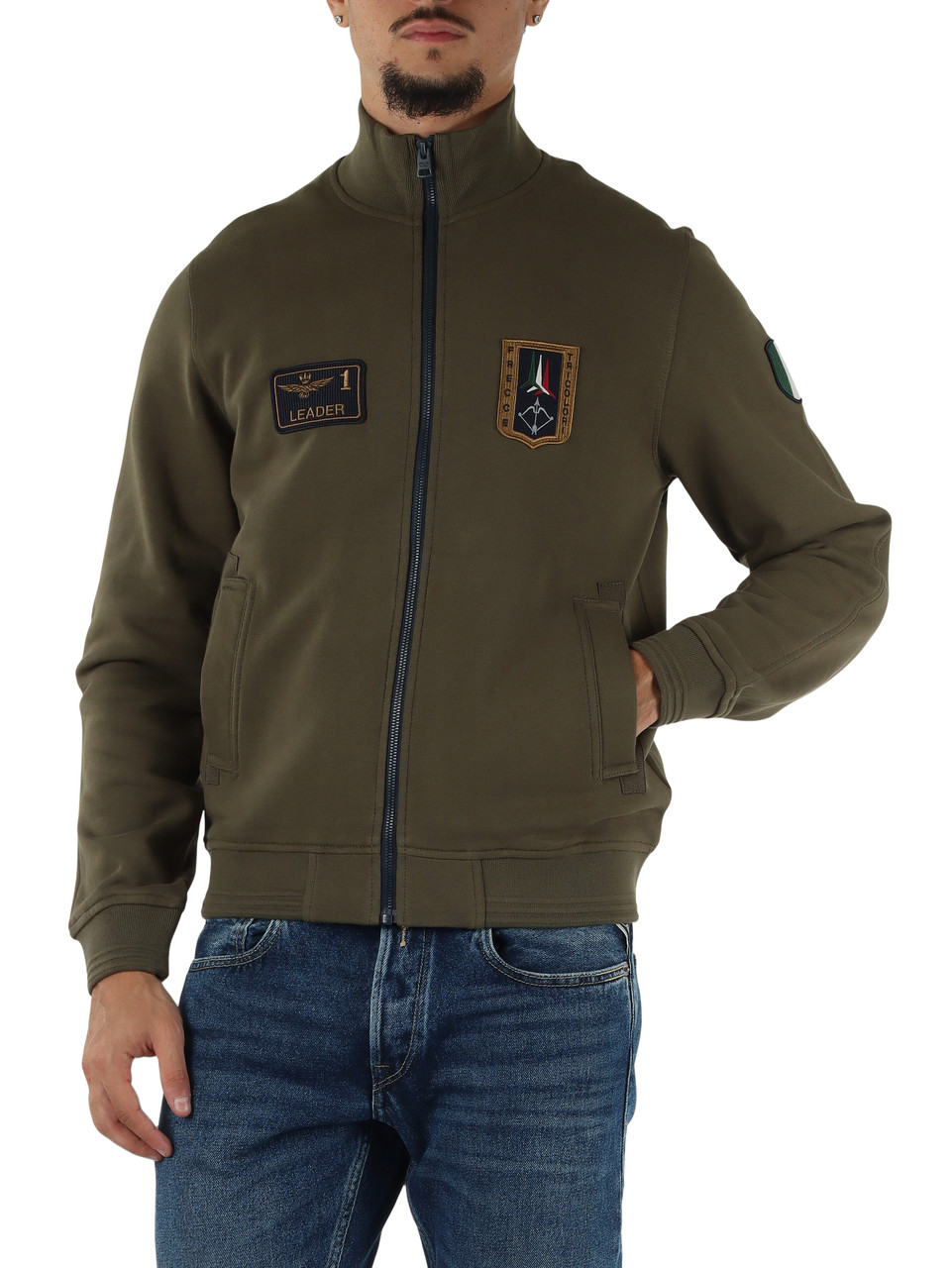 VERDE MILITARE | Felpa regular fit in cotone con zip