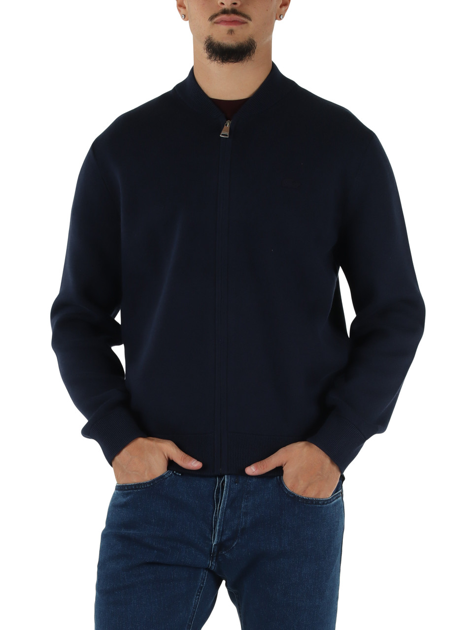 BLU SCURO | Cardigan con zip in lana e cotone Classic fit