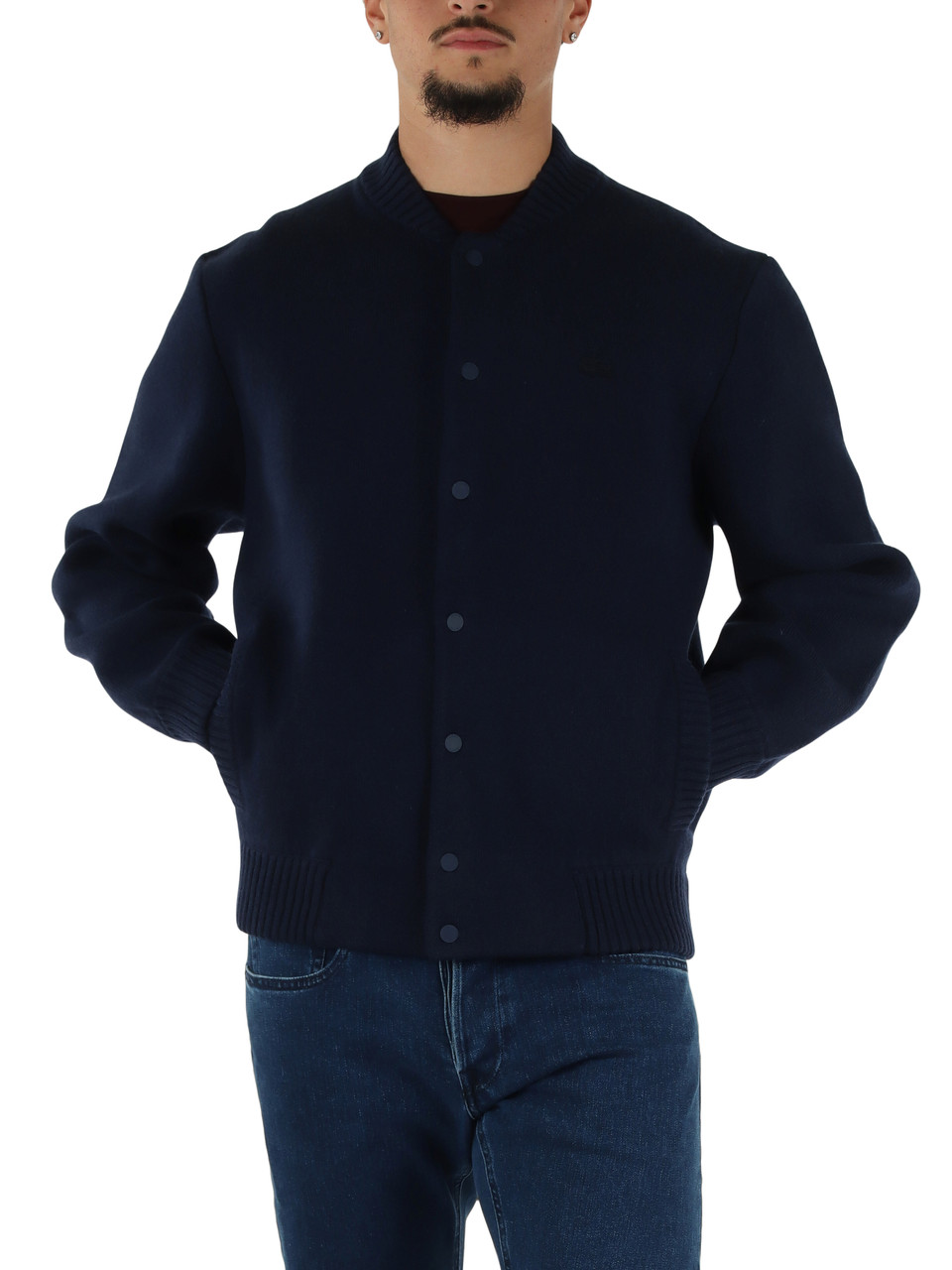 BLU SCURO | Cardigan pesante in misto lana modello bomber
