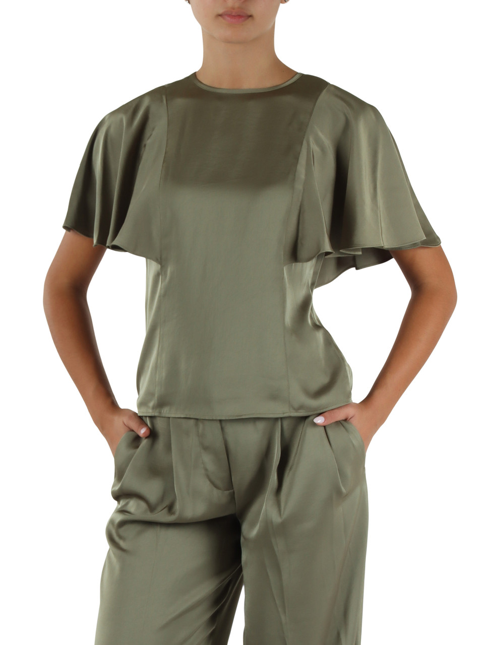 VERDE MILITARE | Blusa in satin con maniche ampie