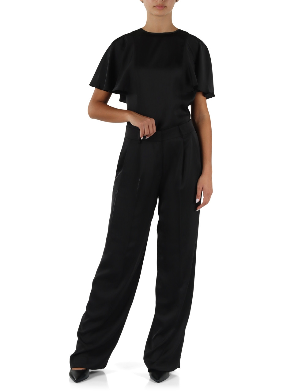NERO | Pantalone gamba larga in satin con pinces
