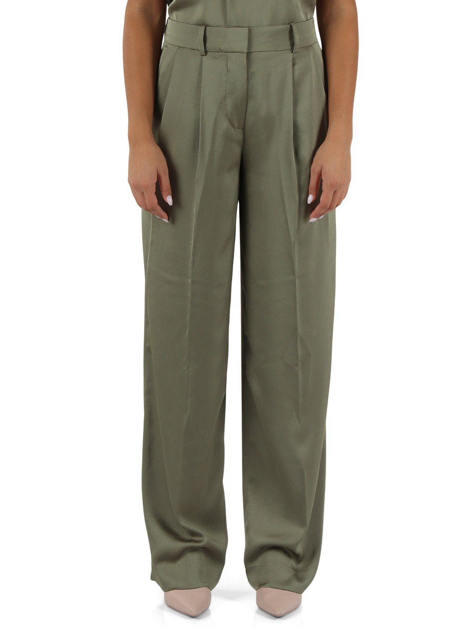 VERDE MILITARE | Pantalone gamba larga in satin con pinces