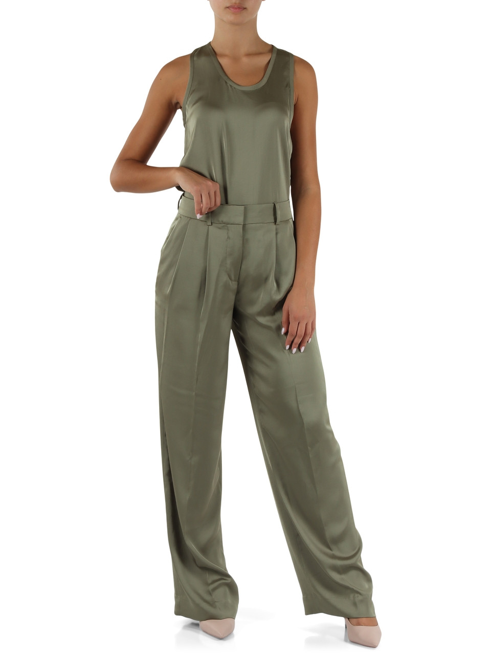 VERDE MILITARE | Pantalone gamba larga in satin con pinces