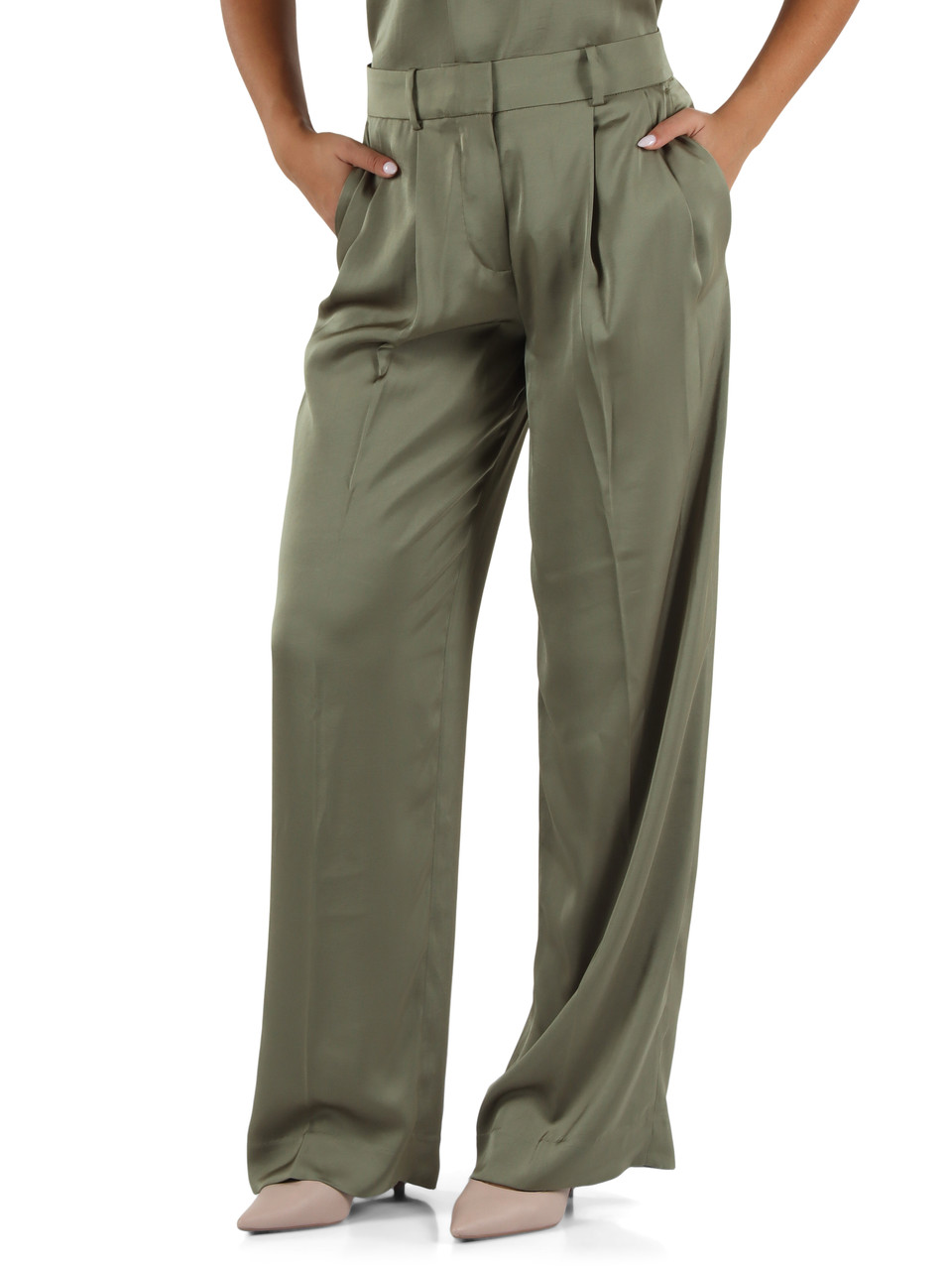VERDE MILITARE | Pantalone gamba larga in satin con pinces