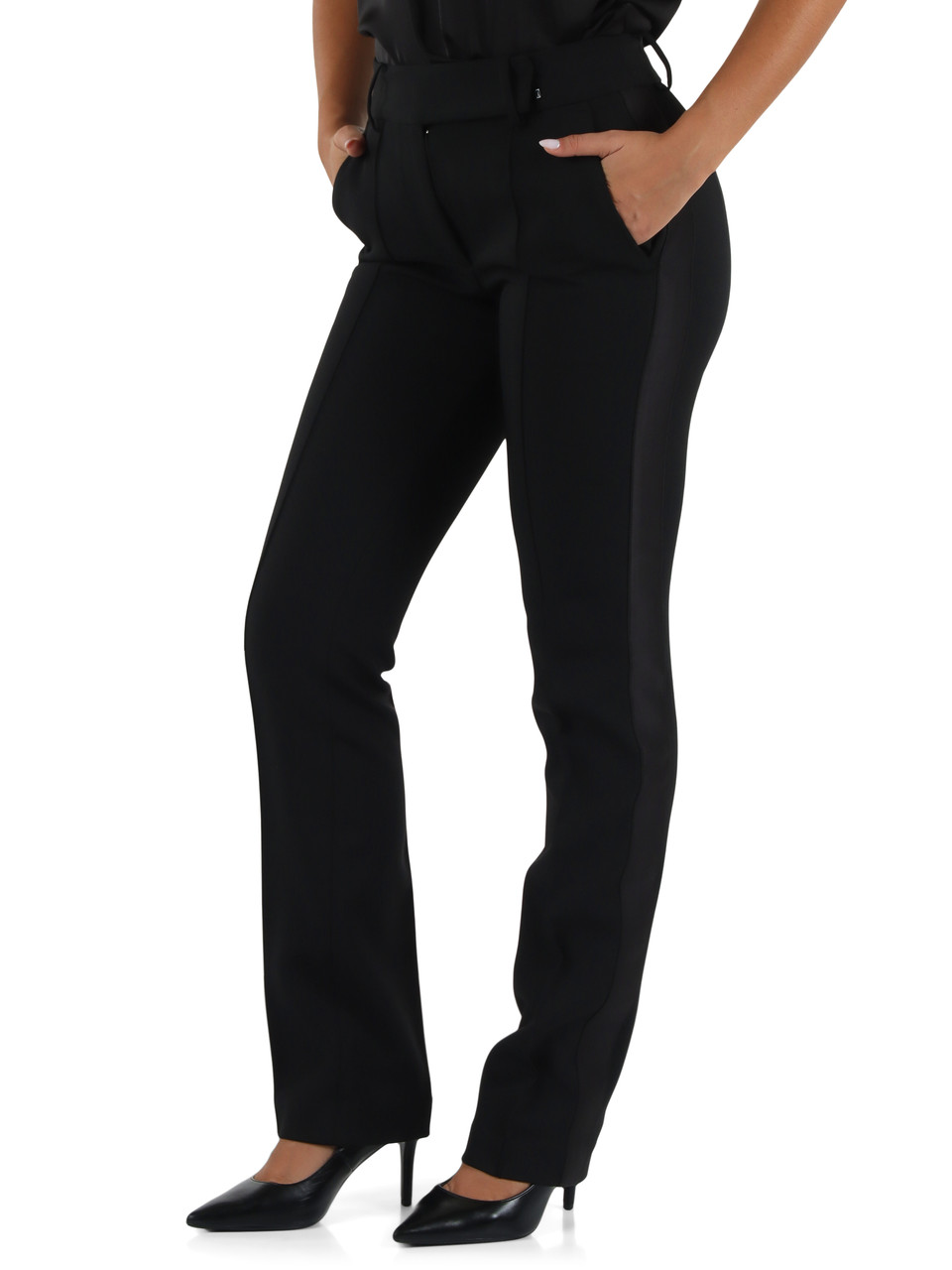 NERO | Pantaloni in crepe stretch con inserti in satin