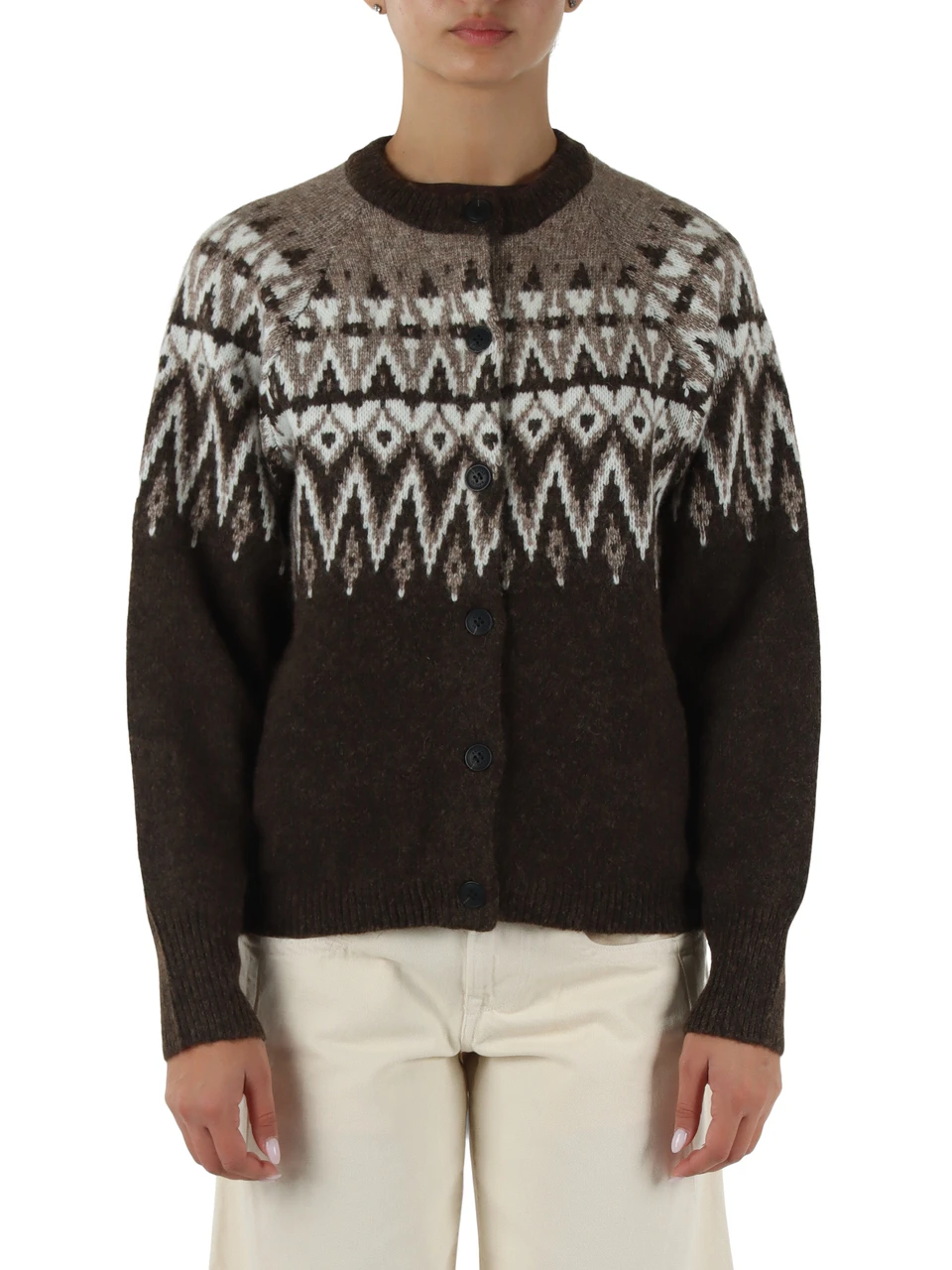 MARRONE | Cardigan in misto lana e alpaca con motivo decorativo