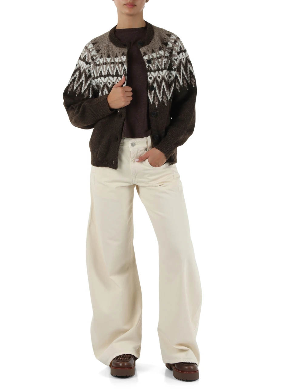 MARRONE | Cardigan in misto lana e alpaca con motivo decorativo