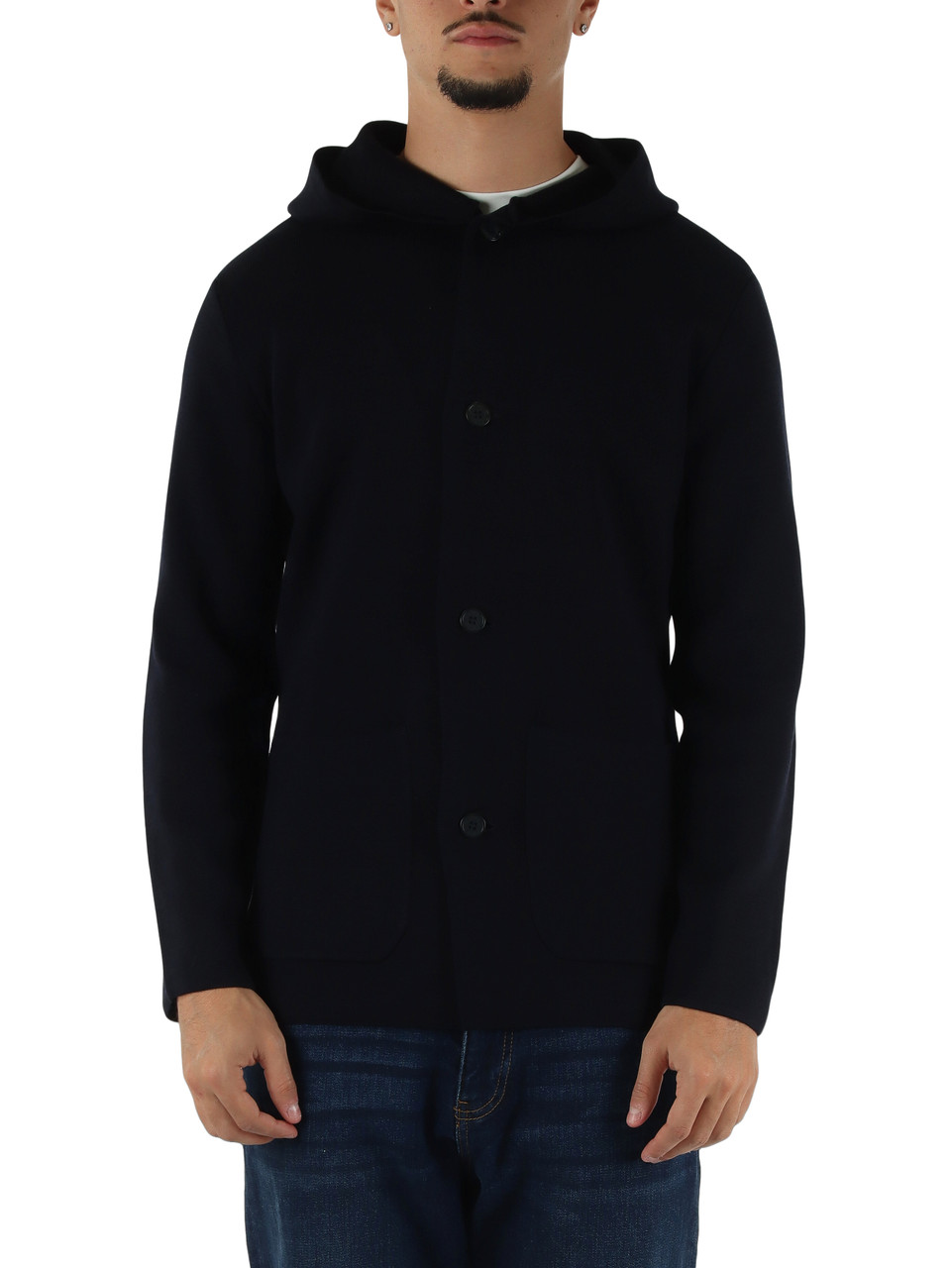 BLU SCURO | Cardigan con cappuccio in misto lana vergine