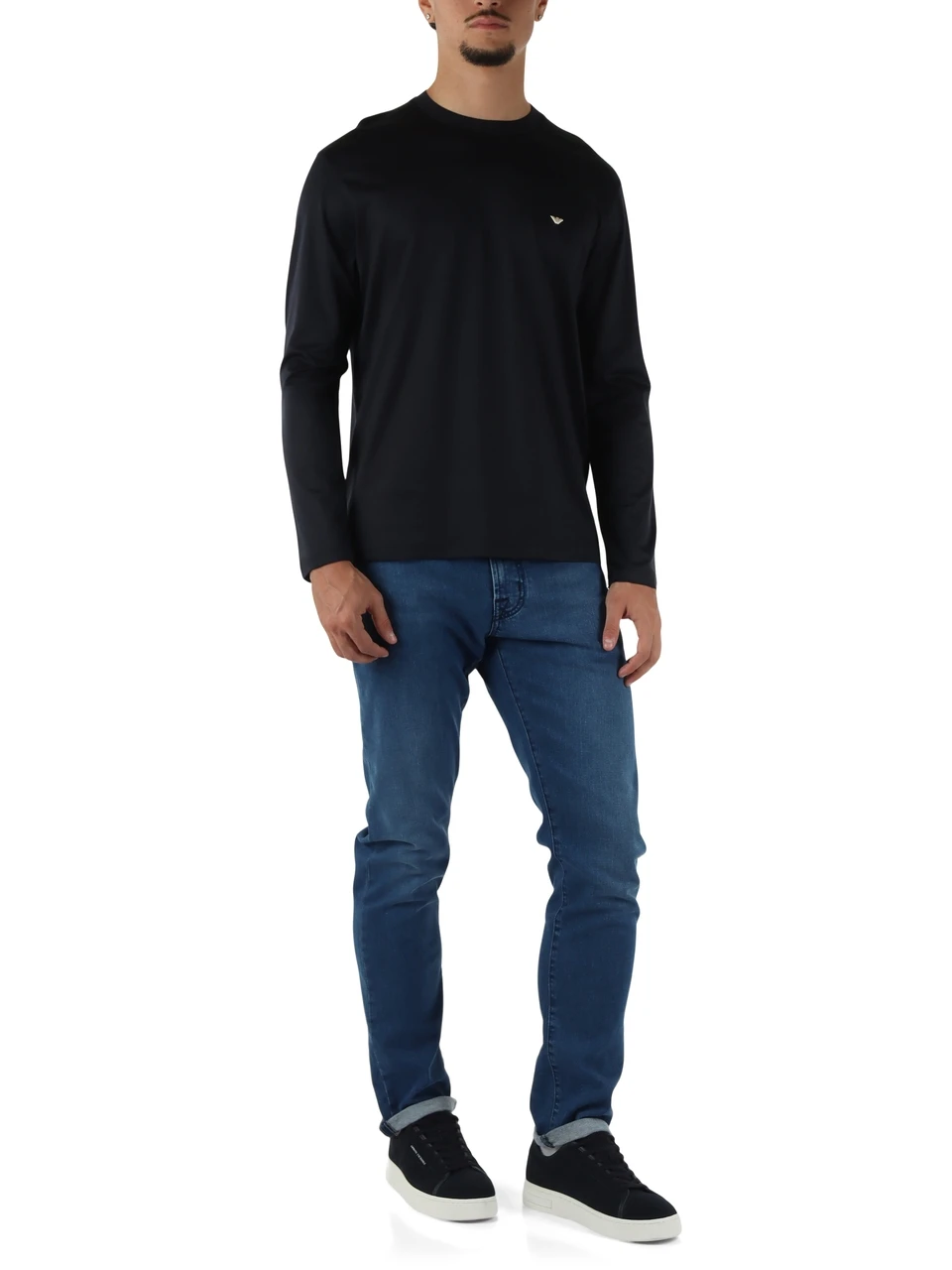 BLU SCURO | T-shirt manica lunga regular fit in lyocell e cotone