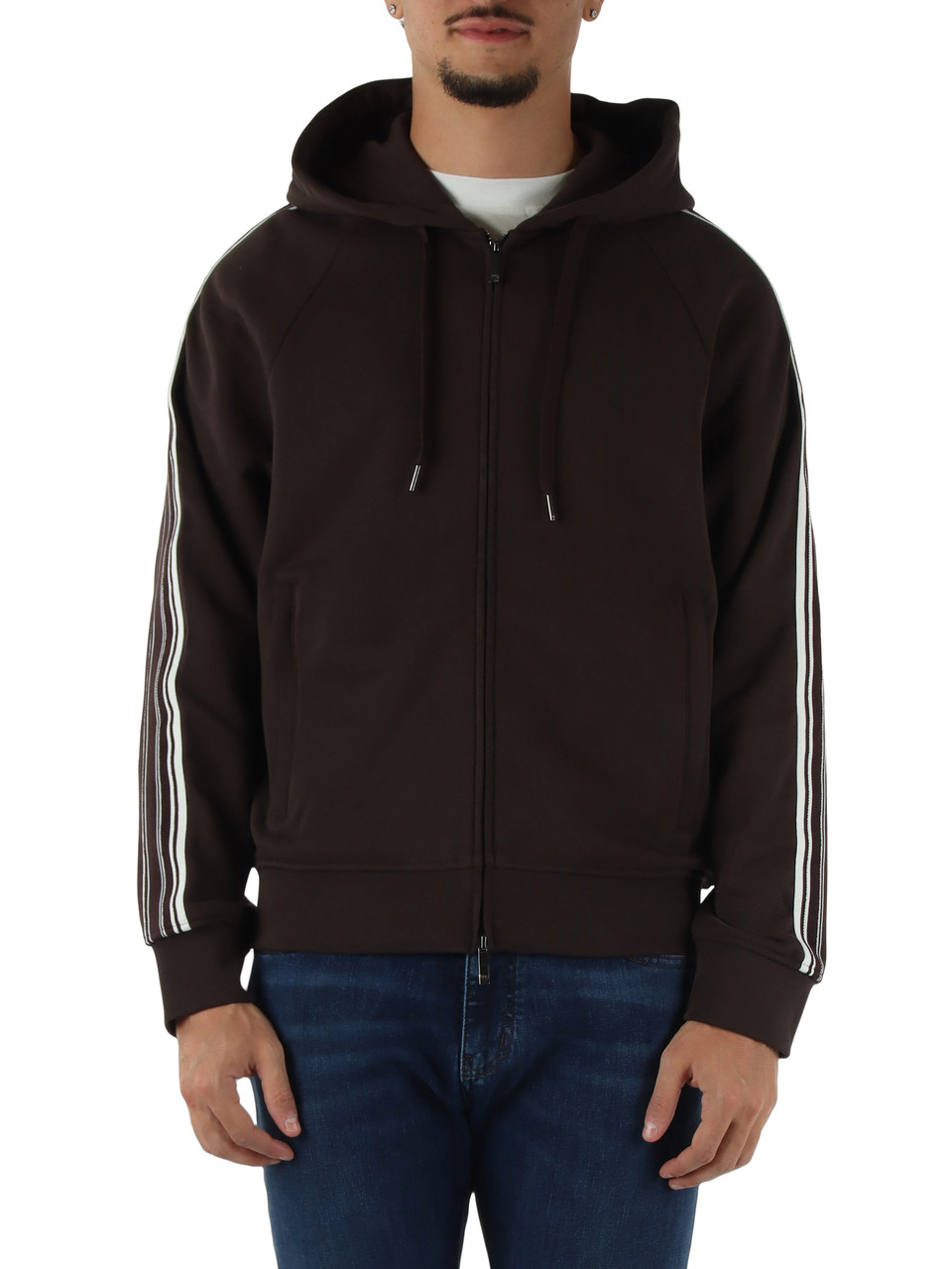 MARRONE | Felpa con zip e cappuccio in cotone garzato