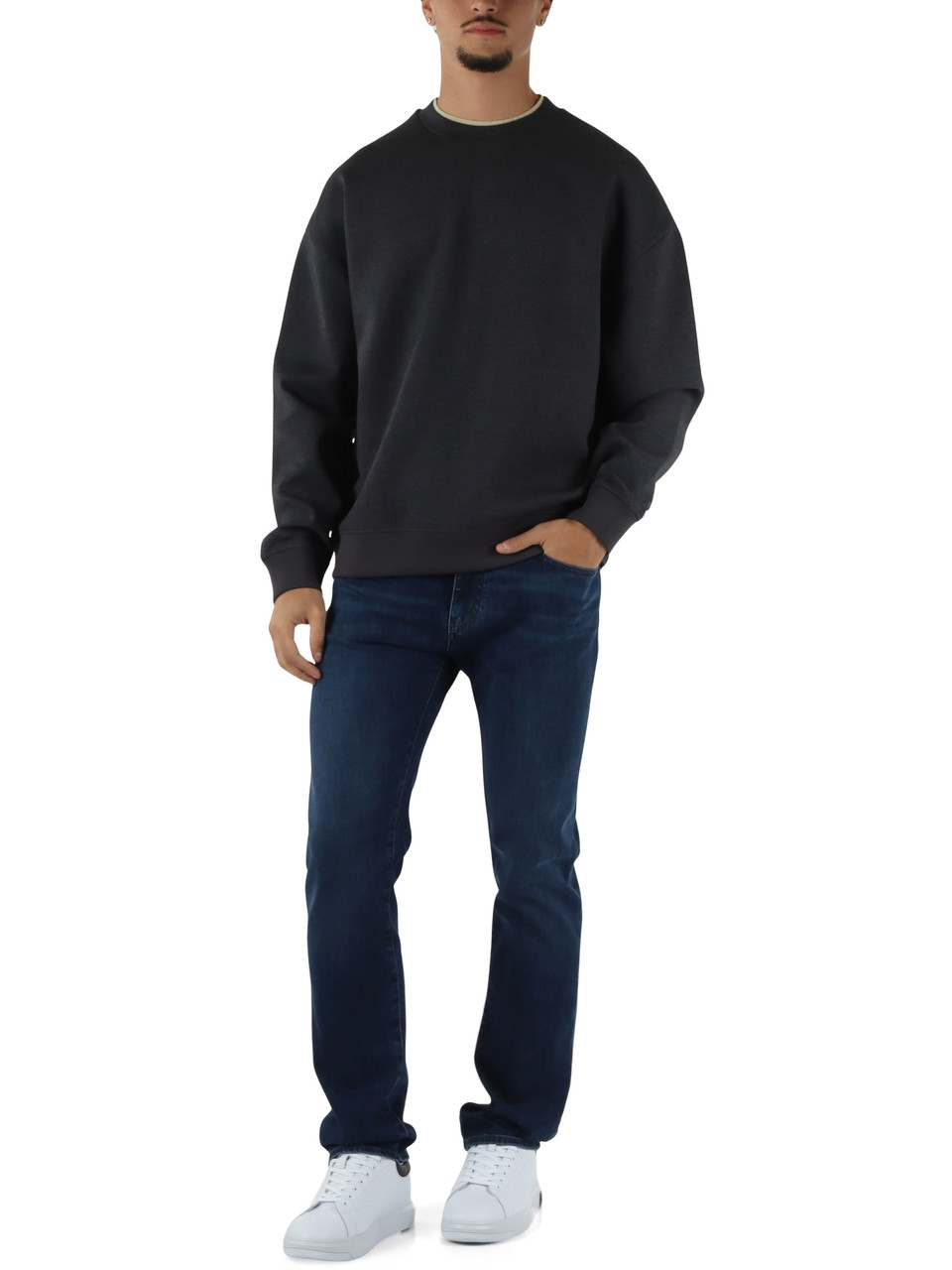 GRIGIO SCURO | Felpa girocollo in double jersey di misto cotone