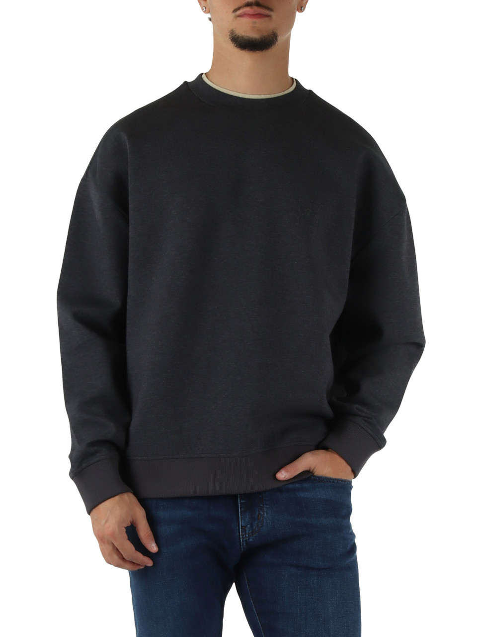 GRIGIO SCURO | Felpa girocollo in double jersey di misto cotone