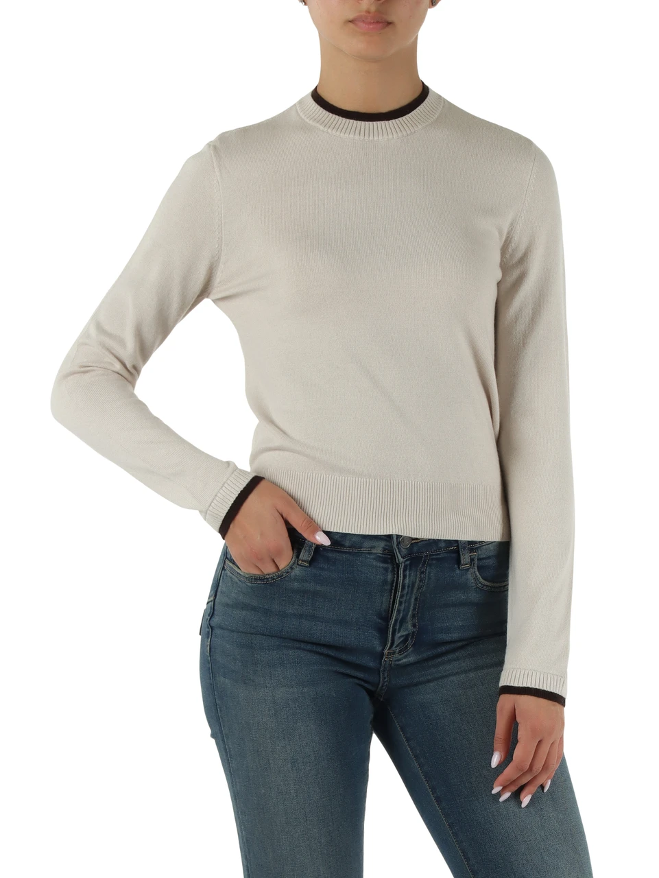 BEIGE | Maglia girocollo in misto viscosa, lana e cashmere