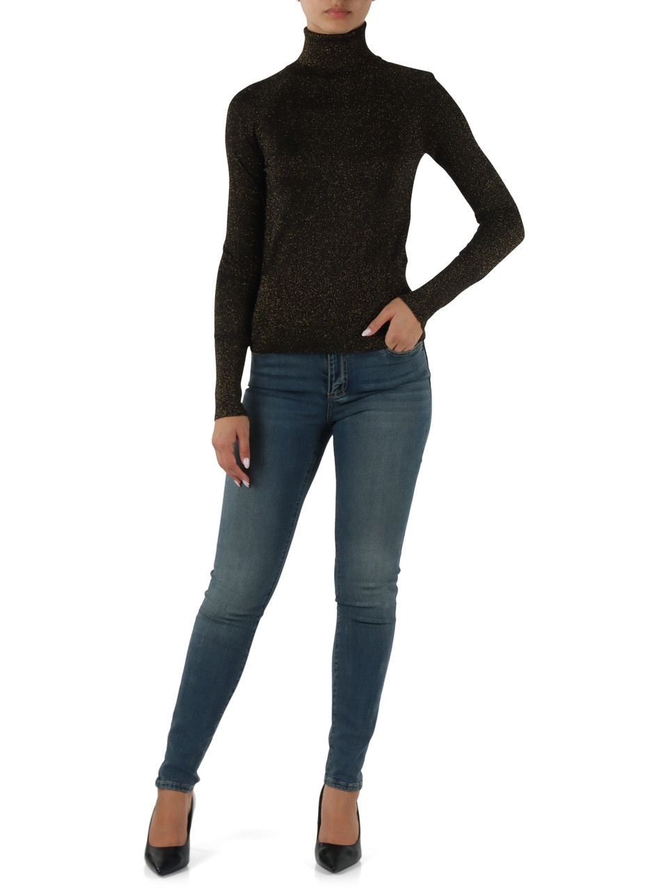 NERO | Maglia collo alto lurex con ricamo logo