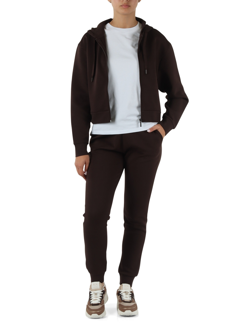 MARRONE | Felpa con zip e cappuccio in misto cotone