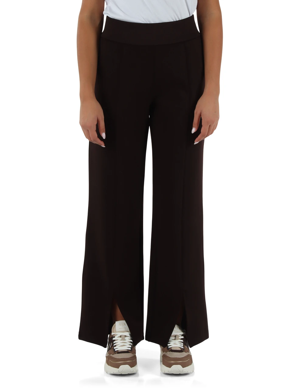 MARRONE | Pantalone sportivo in misto viscosa con spacco frontale