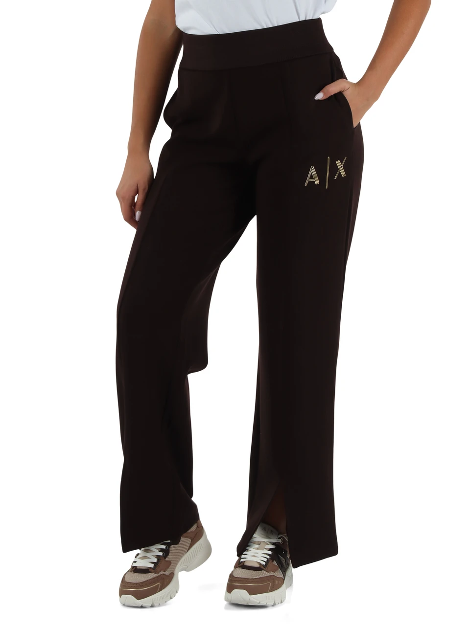 MARRONE | Pantalone sportivo in misto viscosa con spacco frontale