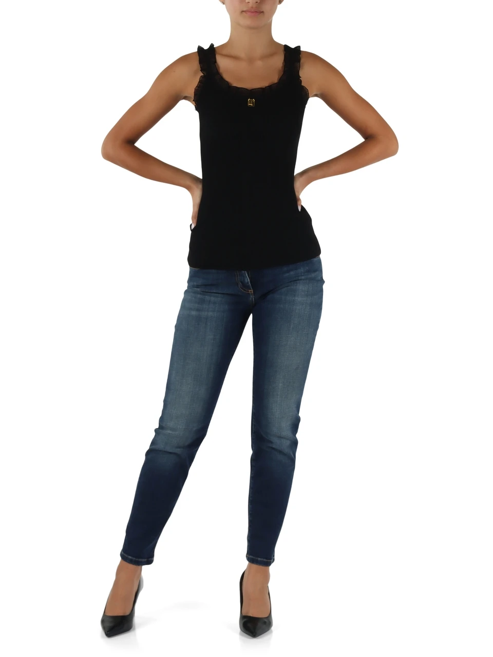 NERO | Top in misto viscosa con inserti in pizzo