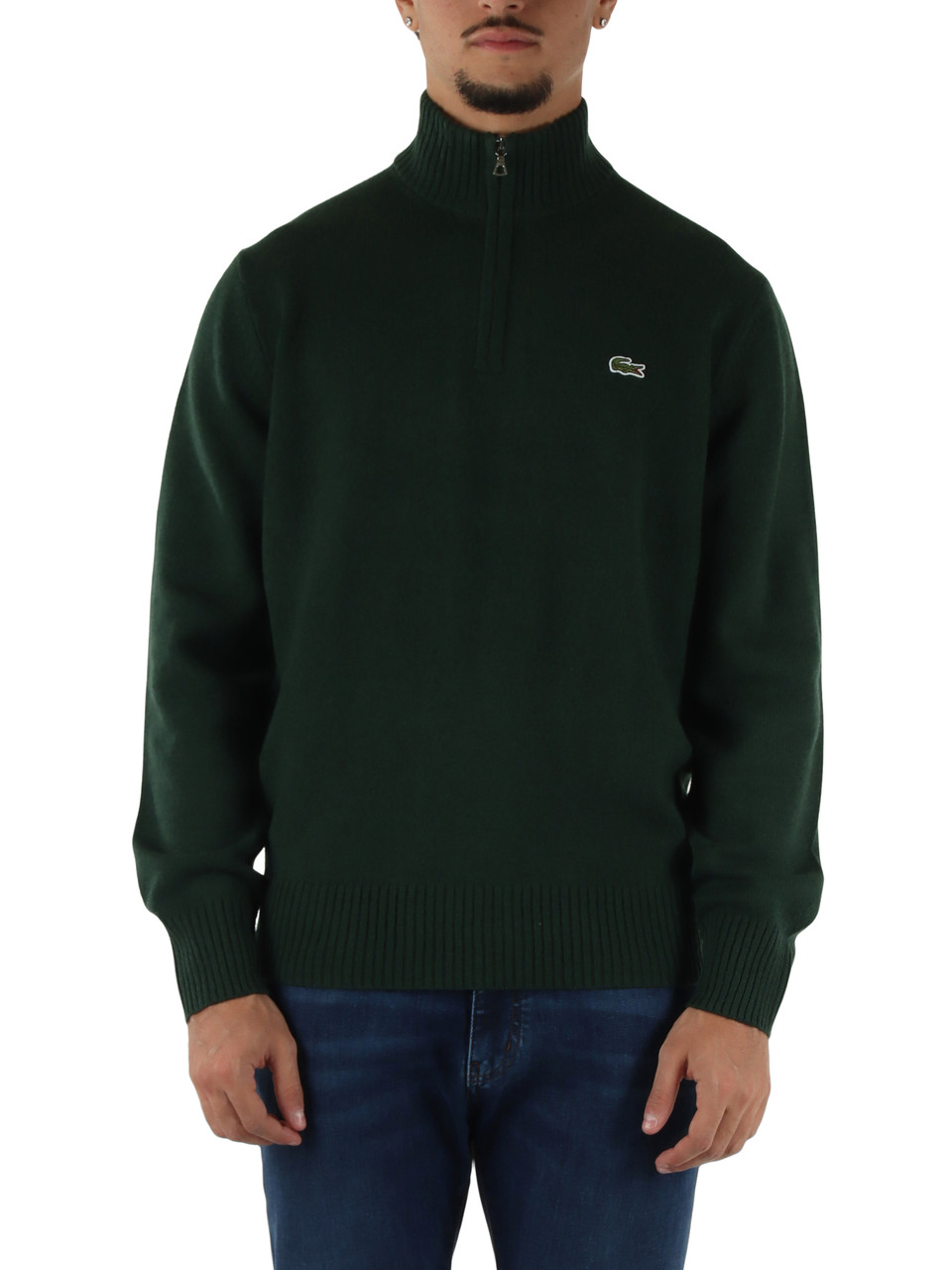 VERDE SCURO | Maglia collo a zip classic fit in lana