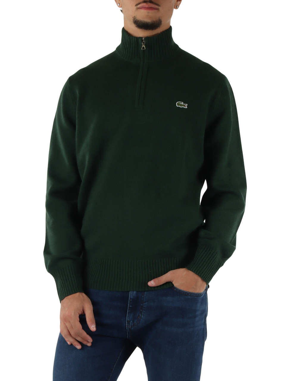 VERDE SCURO | Maglia collo a zip classic fit in lana