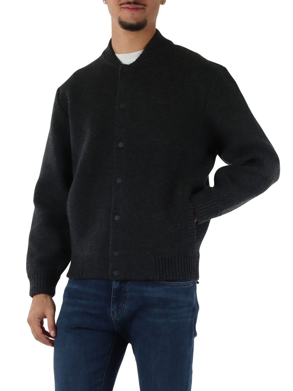 GRIGIO SCURO | Cardigan pesante in misto lana modello bomber