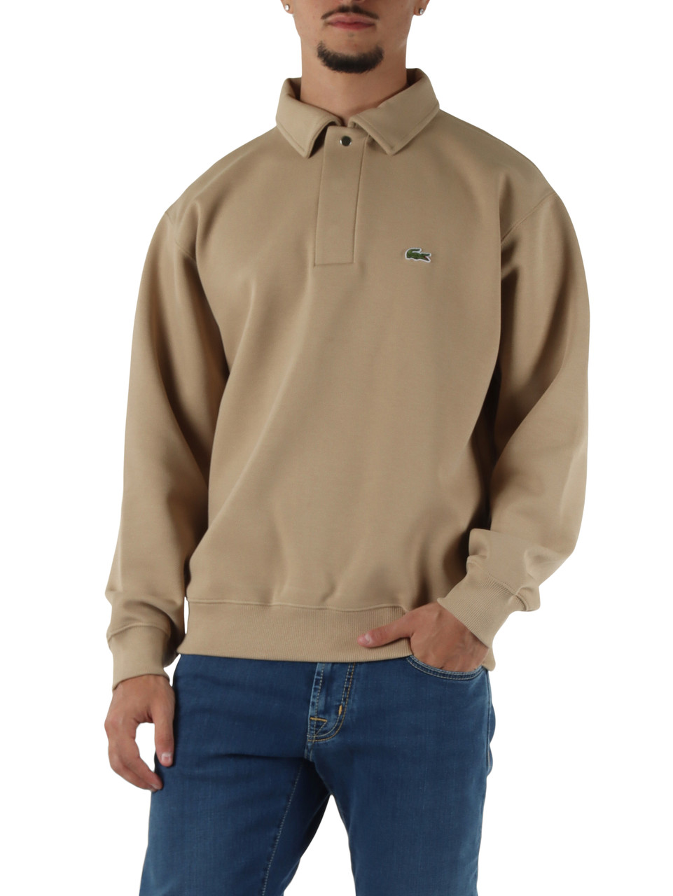 BEIGE | Felpa collo a polo regular fit in cotone piquet