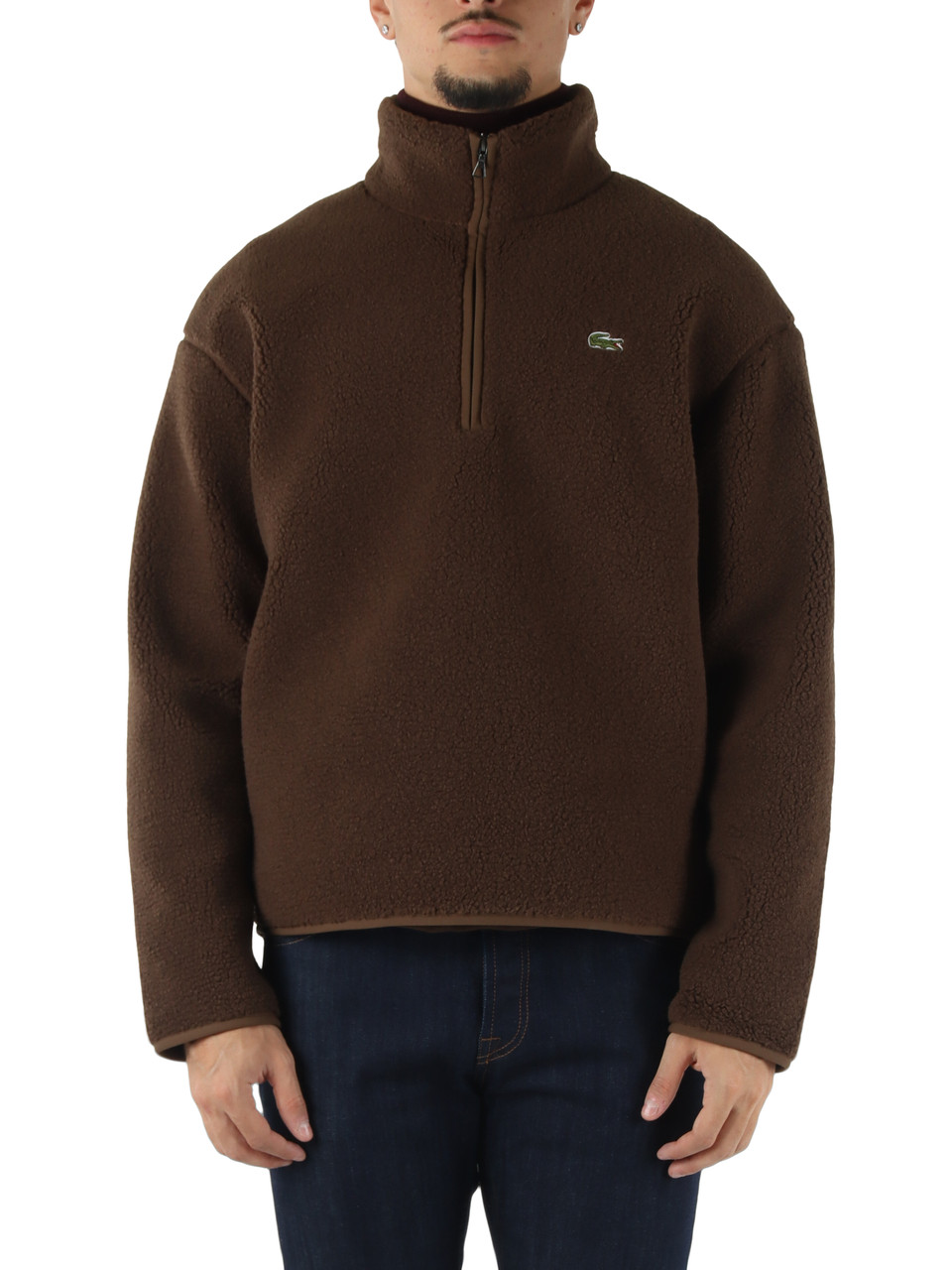 MARRONE | Felpa mezza zip in pile sherpa con bordi in twill