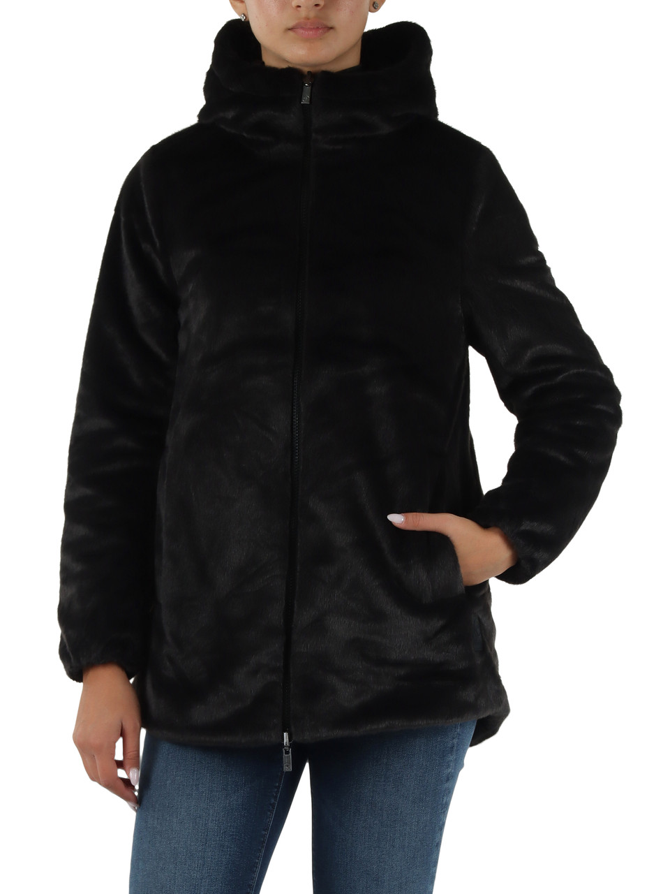 NERO | Ecopelliccia reversibile con cappuccio LUCREZIA