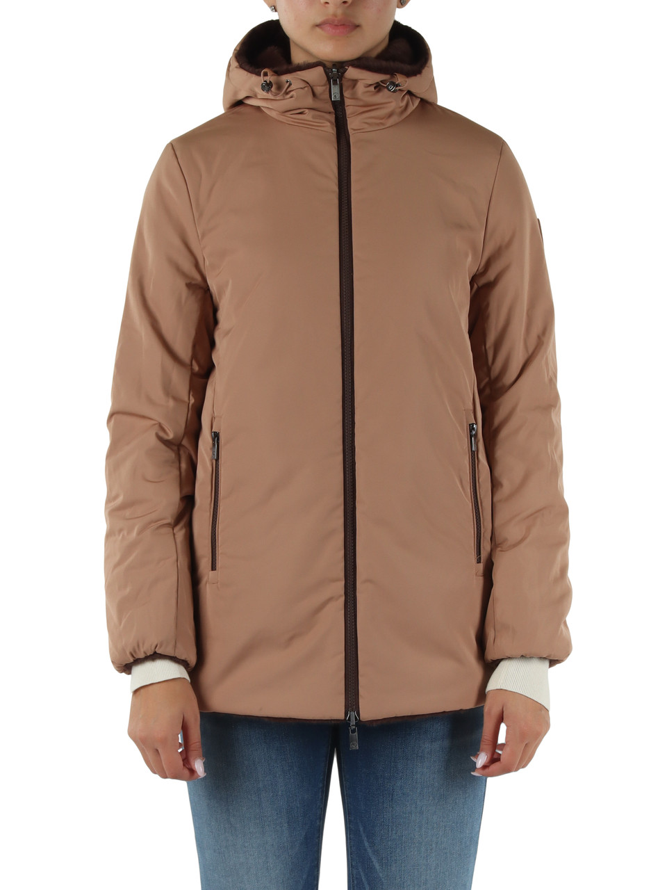 MARRONE | Ecopelliccia reversibile con cappuccio LUCREZIA