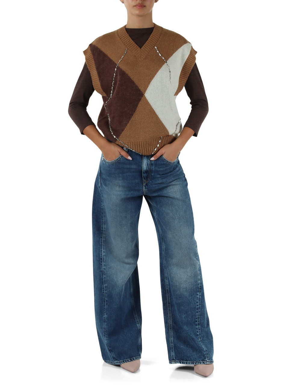 GRIGIO CHIARO | Gilet in misto lana con strass