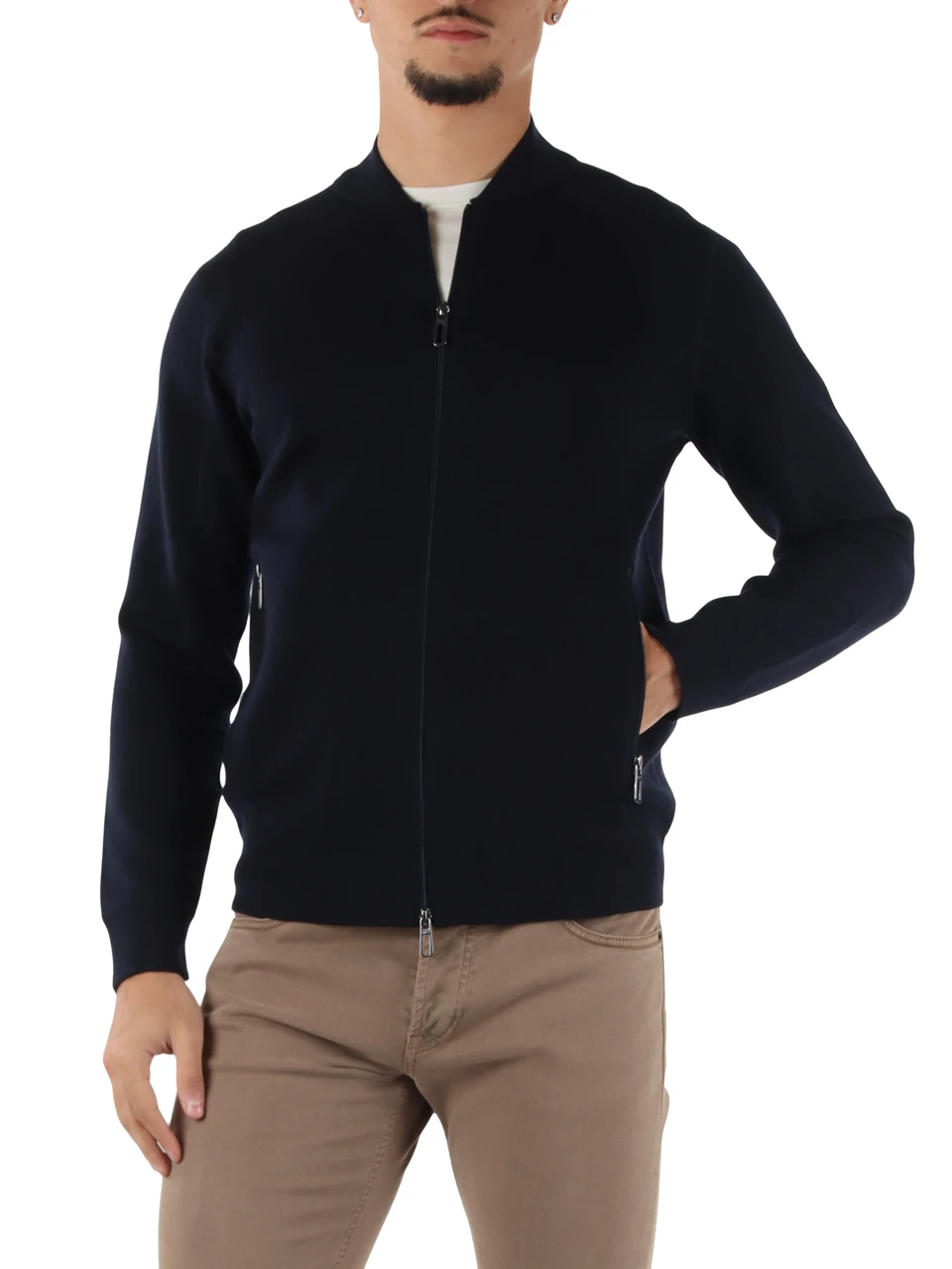 BLU SCURO | Cardigan con zip Second Skin Tech Merinos Tencel