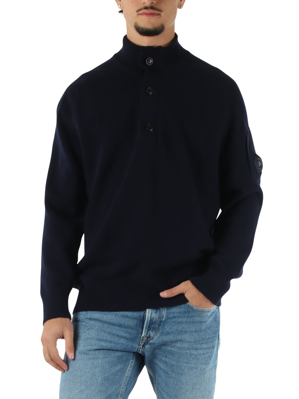 BLU SCURO | Maglia in misto lana con bottoni al collo