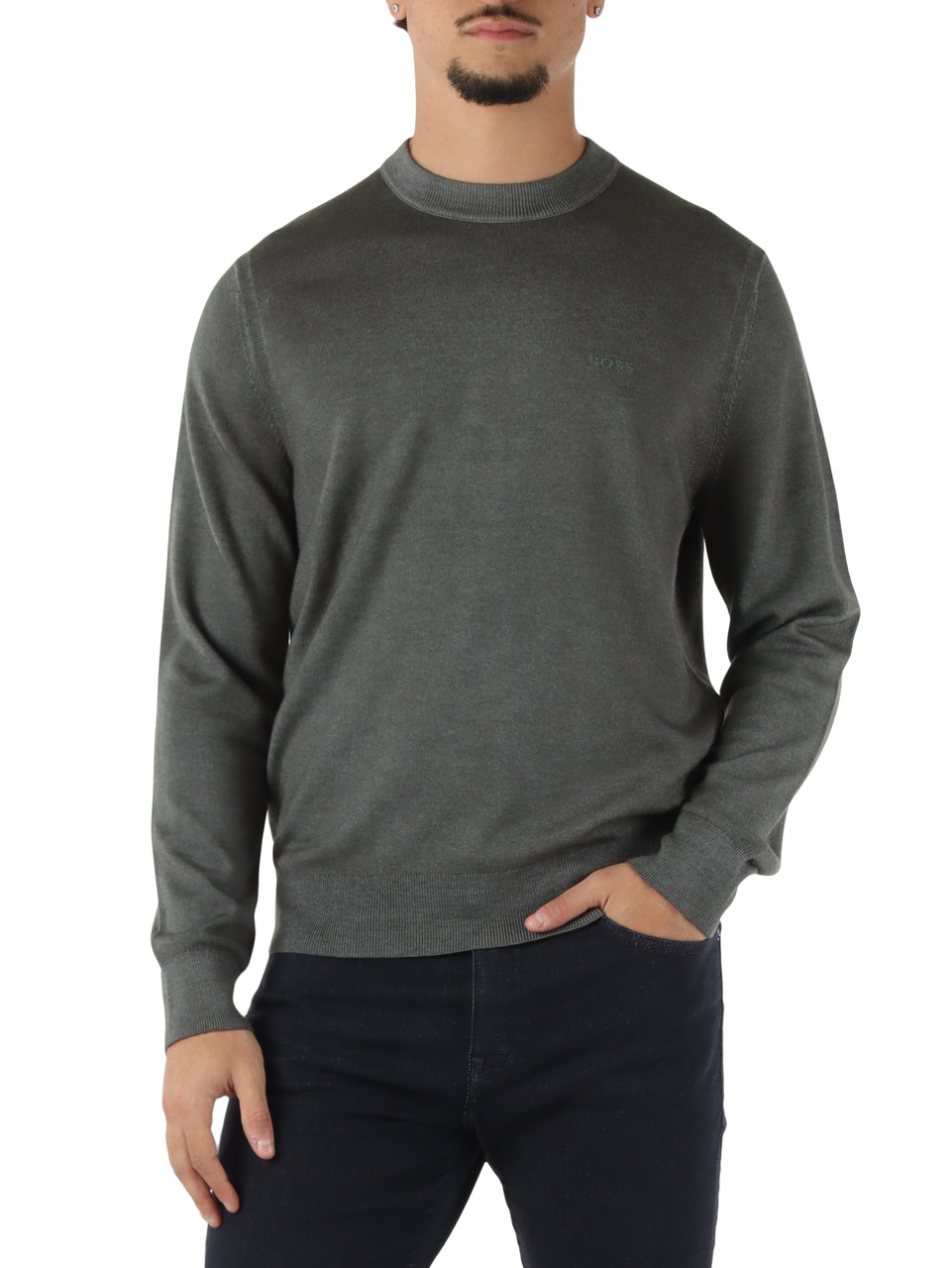 VERDE | Maglia girocollo in lana vergine con ricamo logo