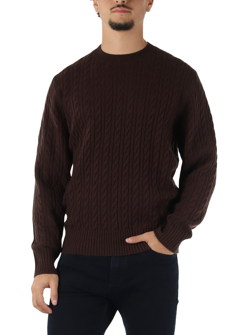 MARRONE | Maglia girocollo a trecce in lana vergine e cashmere