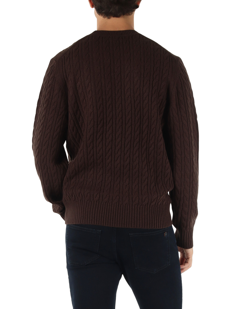 MARRONE | Maglia girocollo a trecce in lana vergine e cashmere