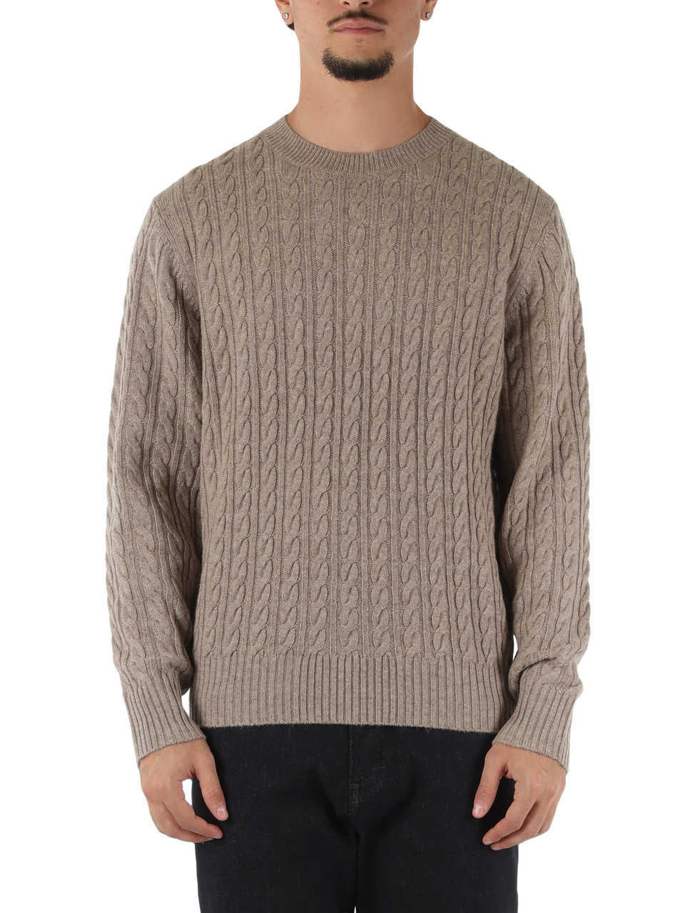 BEIGE | Maglia girocollo a trecce in lana vergine e cashmere