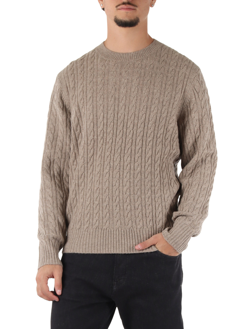 BEIGE | Maglia girocollo a trecce in lana vergine e cashmere