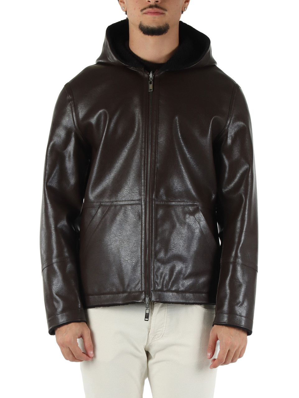 MARRONE | Giacca reversibile in ecopelle con cappuccio
