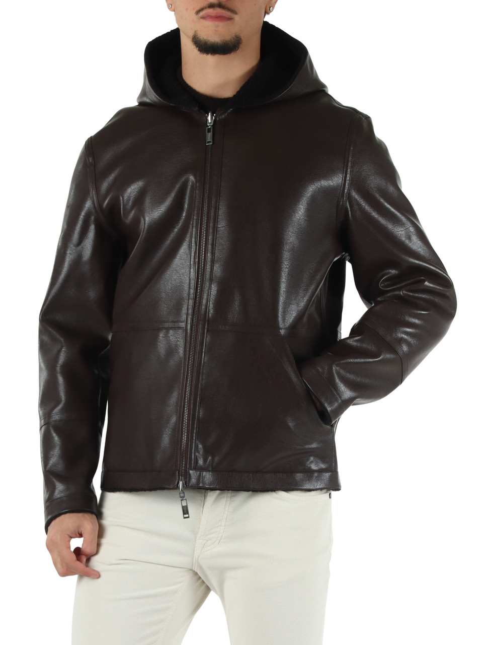 MARRONE | Giacca reversibile in ecopelle con cappuccio
