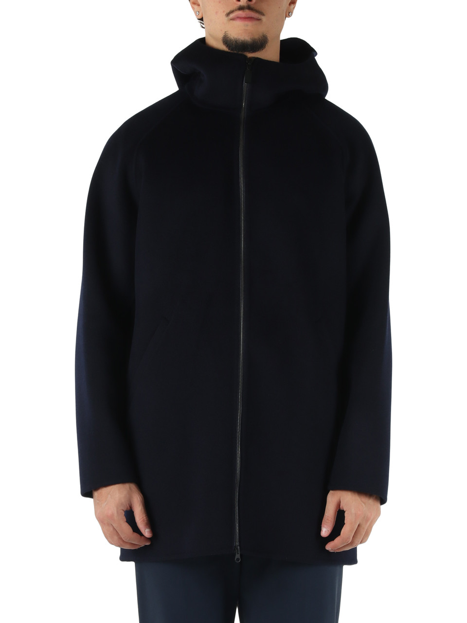 BLU SCURO | Cappotto in lana double con cappuccio SUPER DOPPEL