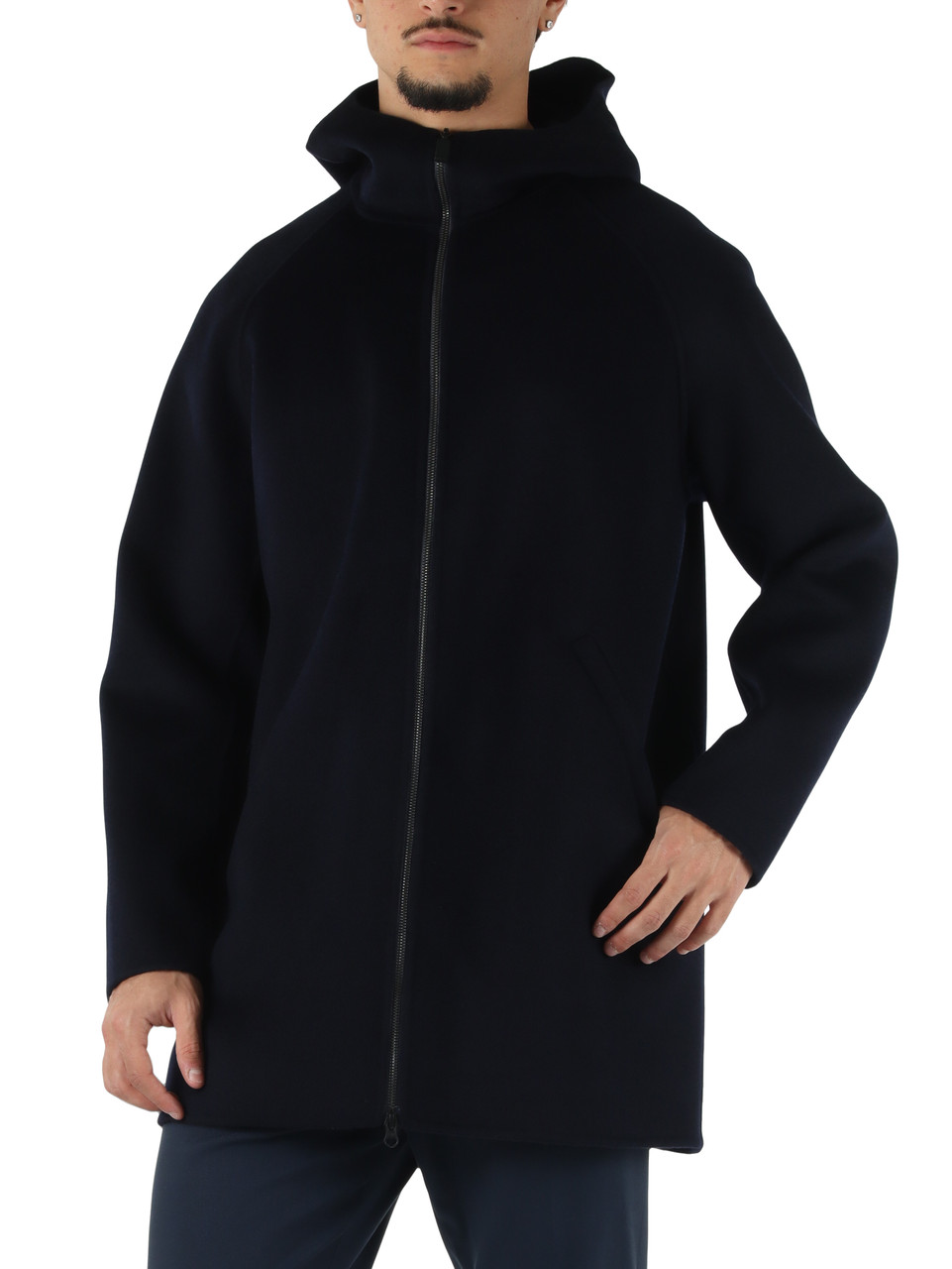 BLU SCURO | Cappotto in lana double con cappuccio SUPER DOPPEL