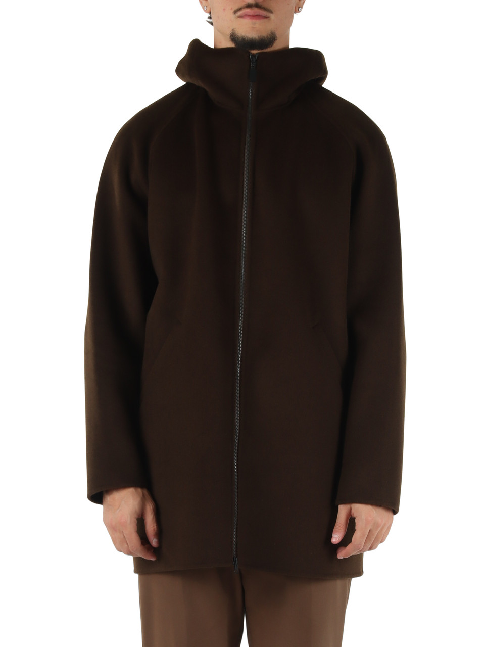 MARRONE | Cappotto in lana double con cappuccio SUPER DOPPEL