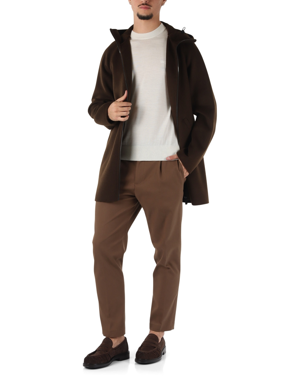 MARRONE | Cappotto in lana double con cappuccio SUPER DOPPEL