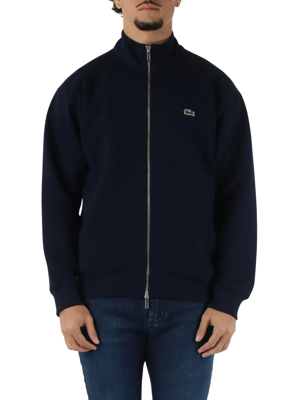 BLU SCURO | Felpa con zip classic fit in misto cotone piquet